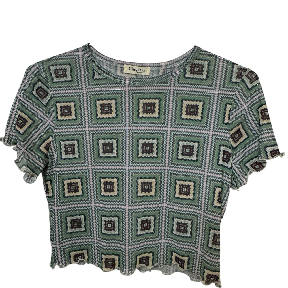 Retro Spandex Blend Ginger G Geometric Green Crop Top Shirt Women’s S MINTY